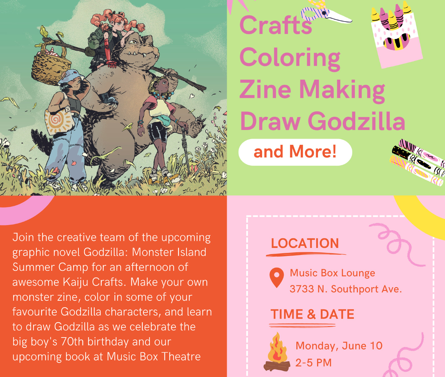 Godzilla craft workshop at Music Box in Chicago